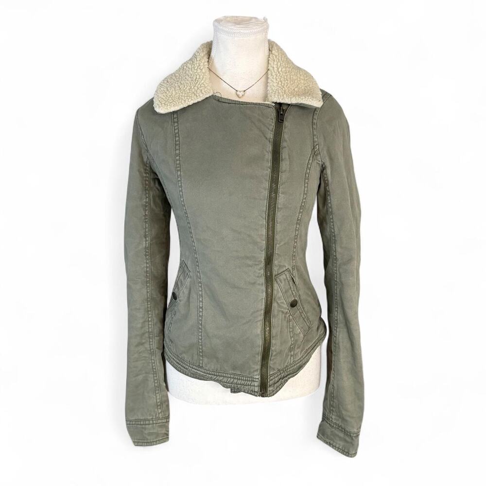 Vintage Hollister moto jacket fall staple olive green cream sherpa collar small